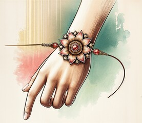 Wall Mural - Watercolor illustration of rakhi on hand for raksha bandhan.
