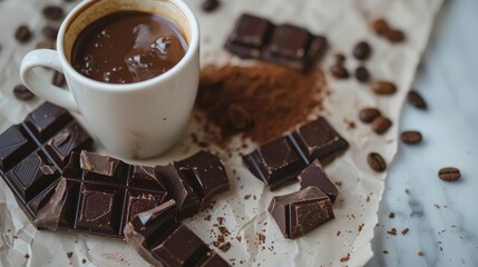 Wall Mural - Chocolate and coffee cup on white paper surface