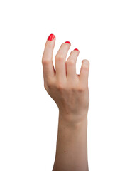 Wall Mural - Hand in a touching gesture, isolated on a white background, with outstretched fingers ready to tap or click on an invisible object. Elegant design featuring beautiful red manicure