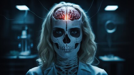 Wall Mural - A woman with a skull painted on her face and brain in the middle, AI