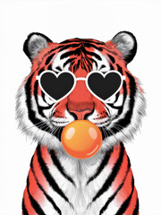 Cool Tiger Wearing Heart Sunglasses Blowing Bubblegum - Fun and Quirky Animal Illustration