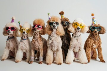 group of poodles wearing funky party hats and goggles, celebrating a birthday with a festive twist in a studio setting.