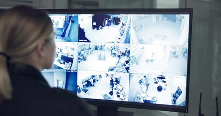Poster - Woman, check and screen for cctv monitor for protection, security service or building safety. Back view, video surveillance agency or female person in control room with footage or camera at night