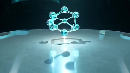 Wall Mural - a futuristic scene of a glowing, blue molecular structure levitating over a reflective surface, cast