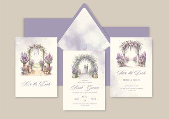 Wall Mural - Luxury wedding invitation card background with watercolor lavender arch