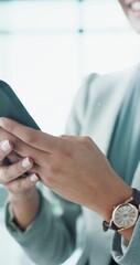 Canvas Print - Phone, typing and hands of business woman in office for online networking, communication and contact. Corporate, worker and closeup of person on smartphone for social media, website and internet