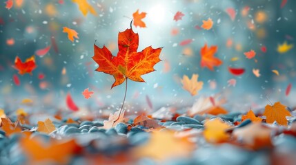 Wall Mural - Autumn Vibes: Floating Maple Leaf and Colorful Leaves in Serene Nature Setting