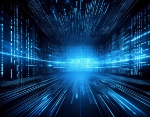 Shiny blue coding on black background with copy space. Generated image