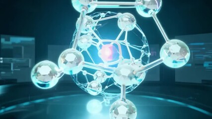 Wall Mural - a 3d holographic model of an atom is displayed in a futuristic laboratory setting.
