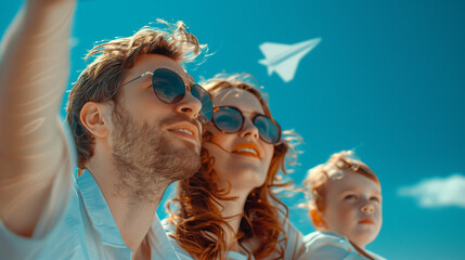 parent and child playing. young man with his wife and child, pointing to something in front or above them, while holding paper airplane on their shoulders.