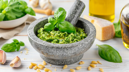 Wall Mural - Pesto in Mortar with Fresh Basil and Garlic. A Vibrant Green Sauce with Olive Oil and Pine Nuts. Italian Cuisine Preparation