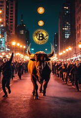 Wall Mural - Bitcoin BTC bull market is coming. Bull Market Wall Street Financial Concept