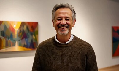 Canvas Print - Studio portrait video of a grinning man in his 50s wearing a cozy sweater against an art gallery or museum background