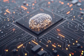 Poster - Futuristic brain illustration with glowing white circuitry symbolizing advanced technology and digital intelligence