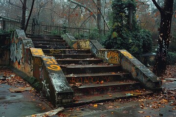 Wall Mural - A staircase with graffiti on it and leaves on the ground