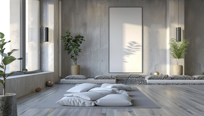 Wall Mural - Modern meditation room open shelving with empty frame