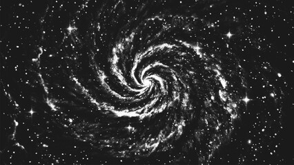 Aufkleber - Deep space scene background in stippling style with amazing spiral galaxy and glowing stars cluster in universe. Retro styled dotwork. Pointillism. Noisy grainy shading using dots. Vector illustration