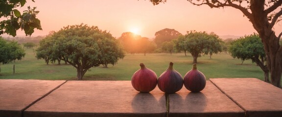 Wall Mural - Fresh raw figs fruits on wooden table, field garden in background.