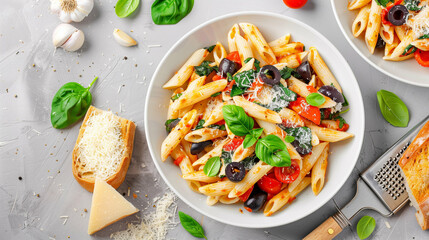 Wall Mural - Pasta Dish with Fresh Vegetables and Cooking Ingredients. Delicious Penne Pasta with Basil Garlic and Olives in a Bowl. Italian Cuisine at Its Best