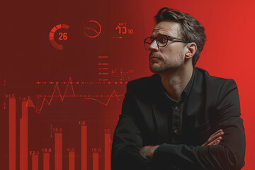 Wall Mural - A professional man analyzing data trends with expertise against a solid ruby background.