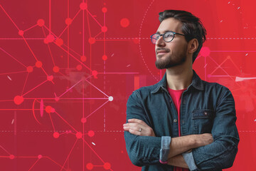 Wall Mural - A professional man analyzing data trends with expertise against a solid ruby background.