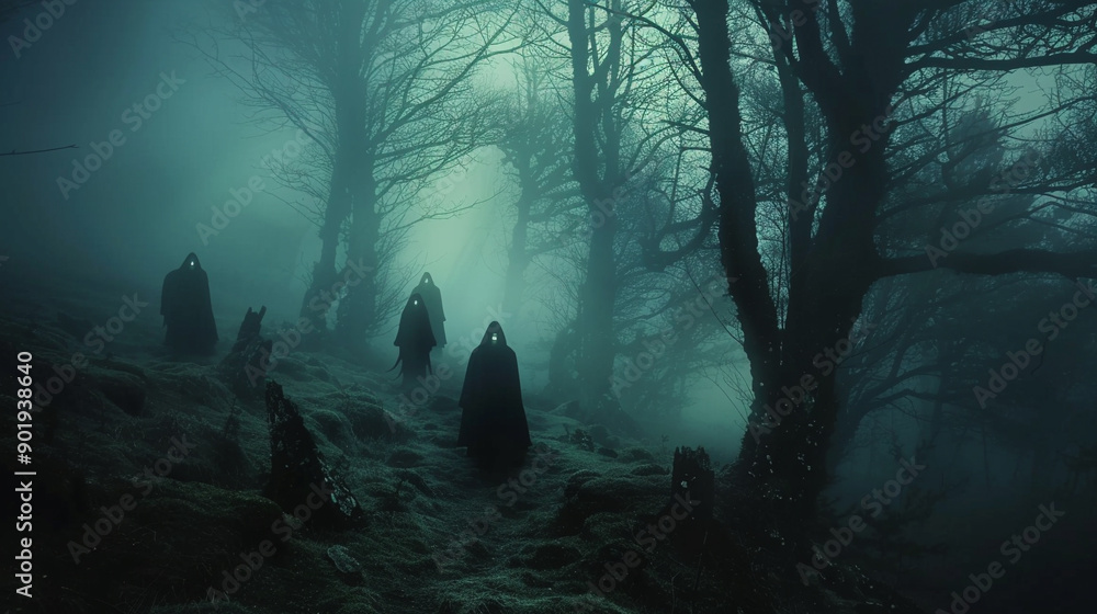 A group of four people are walking through a forest at night Stock ...