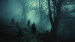 © Wanida - A group of four people are walking through a forest at night