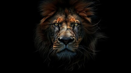 Wall Mural - lion face on a black background, 16:9, copy and text space