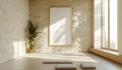 Wall Mural - Modern meditation room with comfortable seating with empty frame