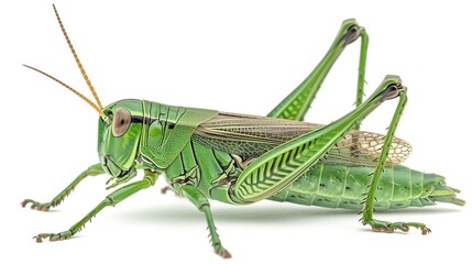 Wall Mural - one single green grasshopper on white background