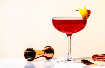 Wall Mural - Red cocktail drink with whiskey, grenadine, bitter, lemon and ice with lemon zest and cherry. Beige background