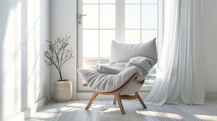 Canvas Print - Scandinavian themed room with white and gray tones featuring a wooden legged gray armchair near the window