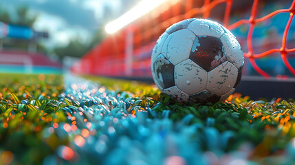 A soccer ball is on the grass next to a red and white fence