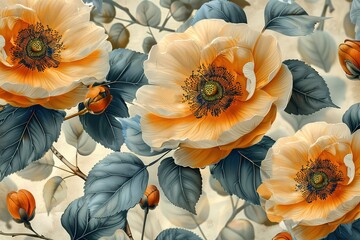 Wall Mural - A painting of three orange flowers with blue leaves