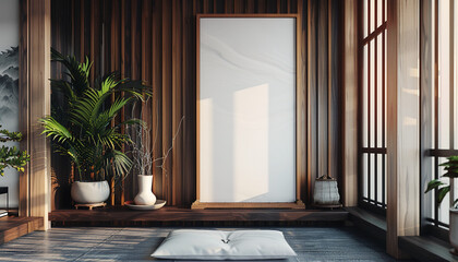 Wall Mural - Modern meditation room with soft lighting with empty frame