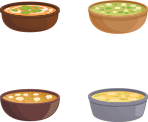 Sticker - Set of four colorful cartoon soup bowls with different varieties and toppings