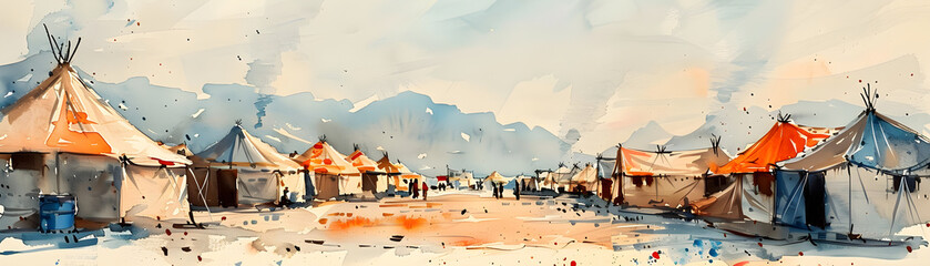 vibrant watercolor landscape, refugee camp tents, community, resilience, emotional depth, backgrounds of hardship, unique copyscape, highlights hope, cultural significance,...