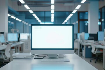 modern open space office with a computer showing a blank screen and nobody working
