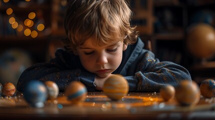 Wall Mural - Kindergartener learning about planets and stars looking at a model solar system and dreaming of space