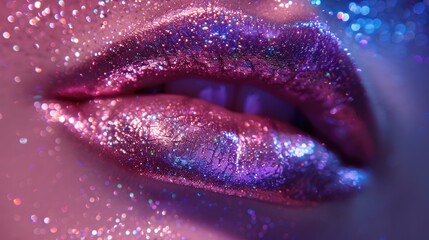 Close-up of lips adorned with pink and purple glitter makeup, set against a sparkling background. Concept of beauty and fashion lips makeup.