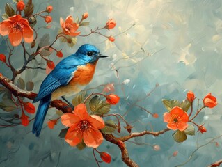 Canvas Print - Blue Bird Perched on Tree Branch