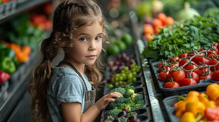 Kindergartener learning about healthy eating sorting fruits and vegetables and creating a balanced meal