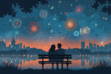 A couple in love sits on a bench on the river bank and admires the festive night city with fireworks in the sky