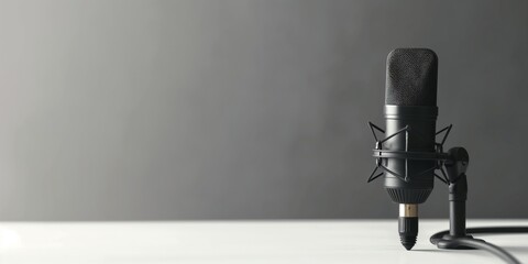 Wall Mural - A microphone is on a table with a grey background. The microphone is black and has a black cord