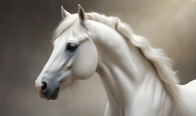 Portrait of a majestic white horse with an elegant mane and glossy coat.