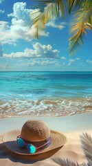 Wall Mural - A peaceful beach scene, featuring a sun hat, sunglasses