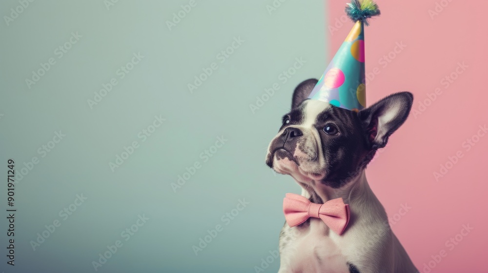French bulldog puppy wearing a party hat and bow tie against pastel ...
