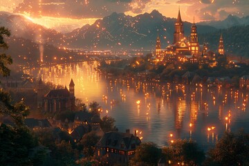 Wall Mural - enchanted castle reflected in serene waters at sunset over majestic mountains