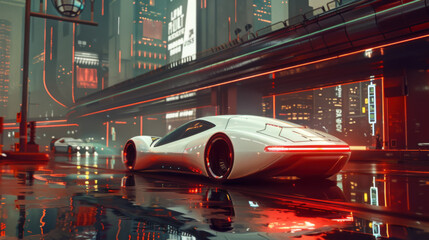 Wall Mural - A futuristic car is driving down a city street with neon lights