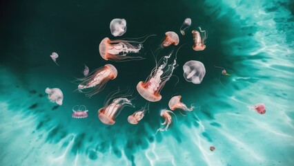 Poster - A group of jellyfish swimming in a blue ocean with green water, AI